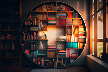 Round bookshelf in public library. Created with Generative AI technology - obrazy, fototapety, plakaty