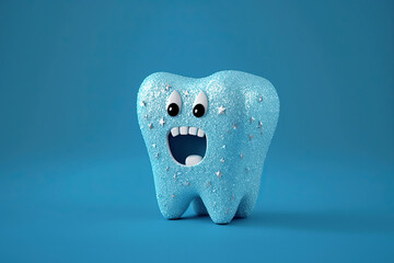 scared tooth on blue background. Cartoon character. Protection and care of teeth. Generative AI