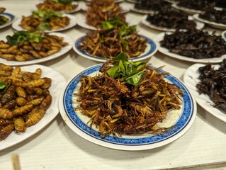 Chicken, Food and Insect, ready to eat at local Market in Vientiane laos. Local food, delicious