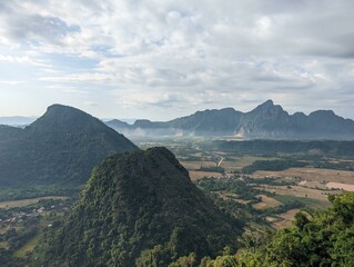 Mountain at Vang Vieng Laos. Nature Sky Cloud Sun. Amazing tourist top spot, Hike through forest and mountain