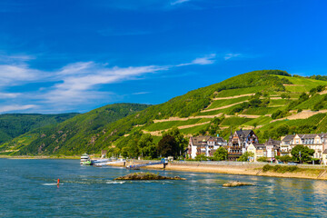 Obraz premium Berth for ships in Ruedesheim Assmannshausen, Rudesheim am Rhein Rhine, Rheingau-Taunus-Kreis, Darmstadt, Hessen, Germany