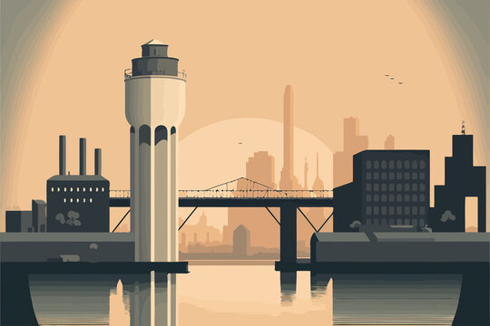 cityscape with fictional city and a river created with Generative AI technology