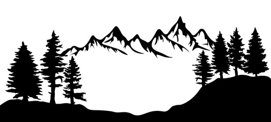 Black silhouette of mountains and fir trees camping landscape panorama illustration icon vector for logo, isolated on white background...