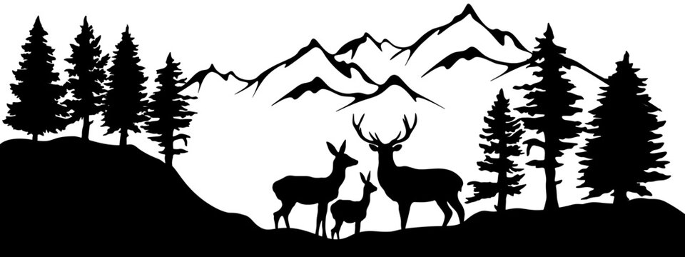 Black silhouette of wild deer family and forest fir trees camping wildlife mountain landscape panorama illustration icon vector for logo, isolated on white background
