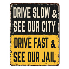 Drive slow and see our city drive fast and see our jail vintage rusty metal sign