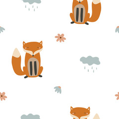 Forest seamless pattern with cute little foxes and trees. Vector texture in childish style great for fabric and textile, wallpapers, web page backgrounds, cards and banners design