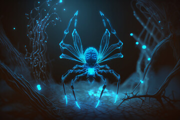 spider, electric, ghost, spirit, alien, ufo, magic, particles, blue, atomic, forest, spooky, web, insect, nature, animal, macro, arachnid, wildlife, cobweb, net, closeup, bug, legs, generated ai