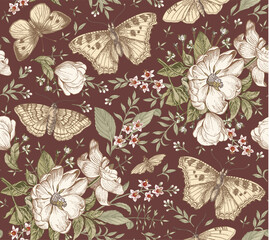 Seamless pattern Flowers. Butterflies moths insect fly Blooming Dogrose Rosehip wild rose realistic isolated Vintage fabric background Set Wildflowers. Drawing engraving Vector victorian Illustration