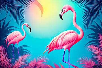 Obraz premium Pink flamingos painting on the moonlight in tropical night. Summer night scene. Creative Caribbean concept. Minimal art composition. Generative AI.