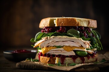 A turkey sandwich with cranberry and mustard sauce