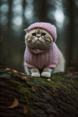 Fluffy cat in a pink sweater in the woods