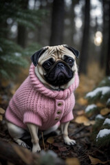 French bulldog in pink clothes in the woods
