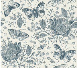 Seamless pattern Flowers. Butterflies peacock moths insect fly. Set Blooming Poppy Poppies realistic isolated. Vintage fabric background. Wallpaper. Drawing engraving. Vector victorian Illustration