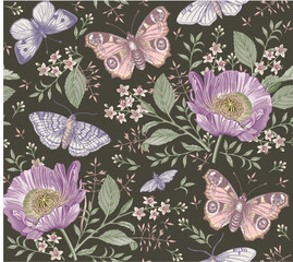 Seamless pattern Flowers. Butterflies peacock moths insect fly. Set Blooming Poppy Poppies realistic isolated. Vintage fabric background. Wallpaper. Drawing engraving. Vector victorian Illustration