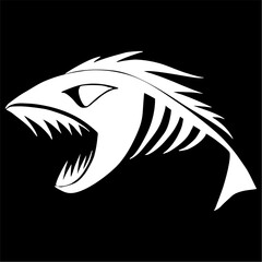 white contour drawing of a fish skeleton on a black background, logo, design