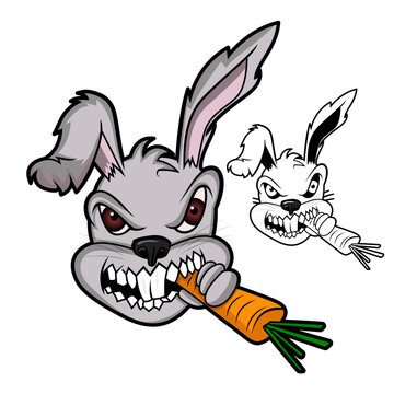Angry rabbit eating a carrot Vector flat cartoon character illustration isolated in white background