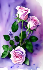 Wate postcard with gorgeous roses on a purple background. Generated Ai. Design for printing, wedding invitations, Valentine's Day greetings. Romantic, feminine theme. Vertical orientation