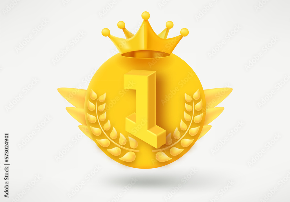 Poster Golden game rank emblem with number 1 and wings. Game achievement 3d badge isolated on white background