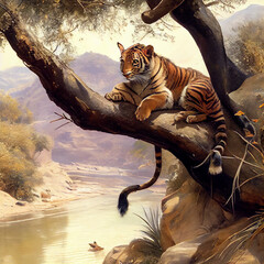 A tiger sitting on a branch of a tree