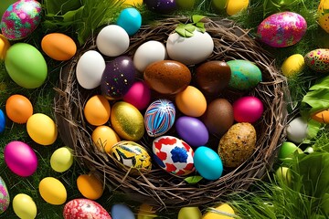 Fototapeta na wymiar Colorful Easter Nest With Easter Eggs. Generative AI