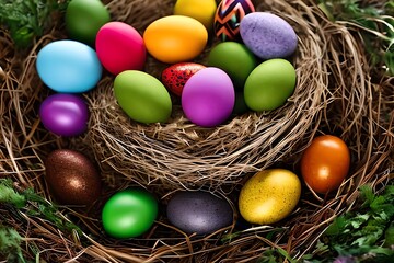 Naklejka na ściany i meble Colorful Easter Nest With Easter Eggs. Generative AI