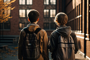 Rear view of two teenage schoolboys near school. AI generated.