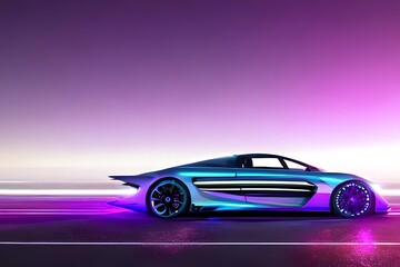 Driving In The Night. Futuristic Synth-Wave Car In Purple Neon Colours. Generative AI