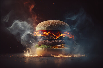 Juicy Burger on Wooden Surface photography - Generative AI

