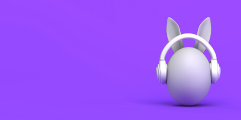 Easter egg with easter bunny ears and headphones. Copy space. 3D illustration.