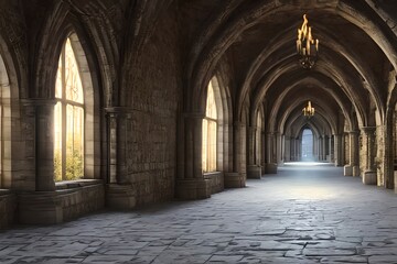 Fototapeta na wymiar Long Medieval Castle Corridor With Torches. Fantasy Background. Interior Of Ancient Palace With Stone Arch. Digital Art. Generative AI