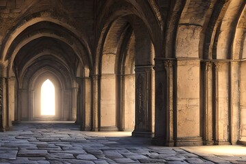 Long Medieval Castle Corridor With Torches. Fantasy Background. Interior Of Ancient Palace With Stone Arch. Digital Art. Generative AI