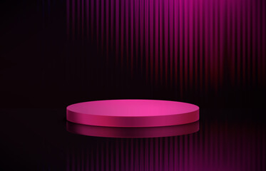 Abstract illuminated empty dark violet interior with podium. Design template. 3d vector background