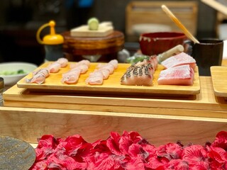 delicious sashimi and nigiri on the table