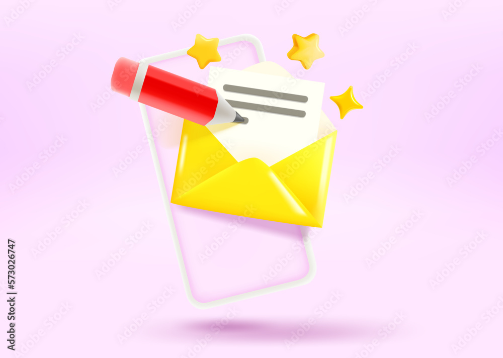 Poster writing a new letter via mobile phone concept. 3d vector illustration