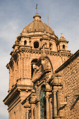 Close up detailed of Cusco Cathedral basilica in Plaza de Armas Cusco Peru. Selective focus. Open space area. 