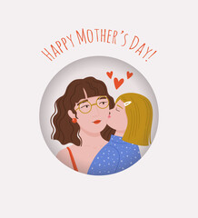 Happy Mother's day. A young girl kisses her mother on the cheek. Vector concept illustration