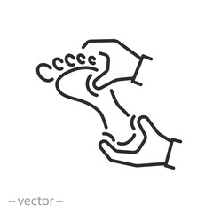 foot massage icon, service spa for leg, feet care, masseur hands, line symbol on white background - editable stroke vector illustration eps10