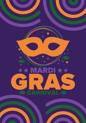 Mardi Gras Carnival in New Orleans. Fat Tuesday. Traditional holiday, celebration annual. Folk festival, costume masquerade, fun party. Carnival mask. Poster, card, banner and background. Vector