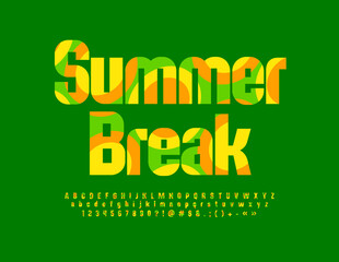 Vector Colorful Emblem Summer Break. Creative bright Font. Artistic Alphabet Letters, Numbers and Symbols. 