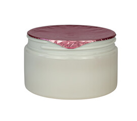 White porcelain cosmetic container with a pink cover