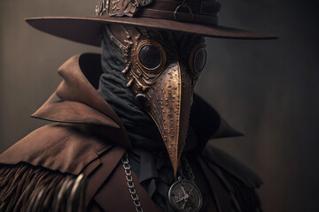 Mysterious Masked Man Plague Doctor, with Bird Mask and Hat. Steampunk, Retro-Futuristic, Leather-Clad, Enigmatic, Victorian-Inspired Style - Generative AI
