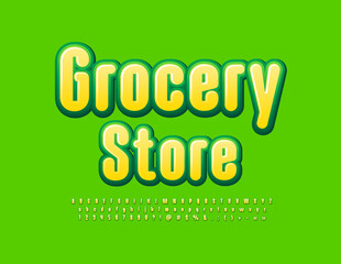 Vector business logo Grocery Store with Modern Yellow and Green Font. Bright Alphabet Letters, Numbers and Symbols set