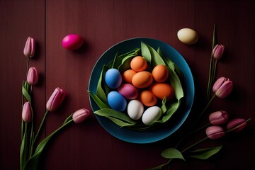 Painted eggs in a plate on a wooden table with tulips. Created using artificial intelligence.