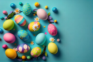 Fototapeta na wymiar Painted eggs and candy canes and willow branch on a blue background with a place for an inscription on the right side of the frame. Created using artificial intelligence.