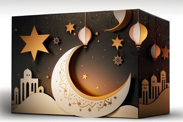 gift boxes islamic crescent with star and hanging lantern, Generative AI