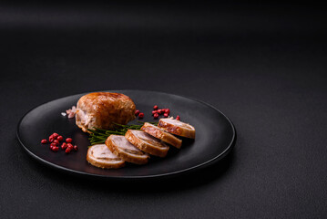 Delicious chicken or pork meat roll with mushrooms, cheese, spices and herbs