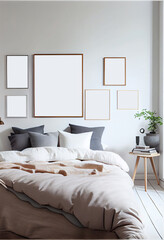 Modern and luxurious master bedroom with a series of blank frames | Interior design of a bed room | Beautiful and modern bed with pillows and blankets | Generative Ai | Photorealism | Indoor décor