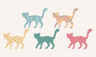 Set of outline cats with different patterns. Simple cat silhouette. Pattern collection.
