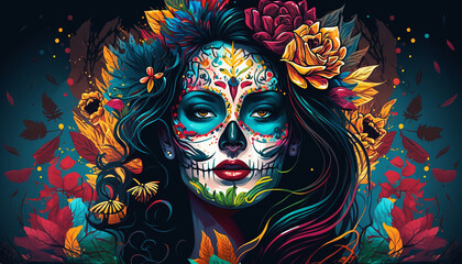 Fototapeta na wymiar Mexican festival known as Day of the Dead with maxican girl portrait wearing carnival mask of the day of the dead, Generative ai
