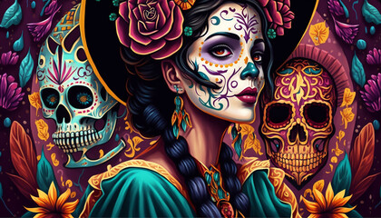 Mexican festival known as Day of the Dead with maxican girl portrait wearing carnival mask of the day of the dead, Generative ai